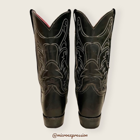 VINTAGE 1990 Frye Black Red Contrast Leather Embroidery Stitch Tall Cowboy Boot - Picture 5 of 11